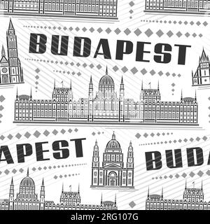 Vector Budapest Seamless Pattern, square repeating background with illustration of famous european budapest city scape on white background, monochrome Stock Vector