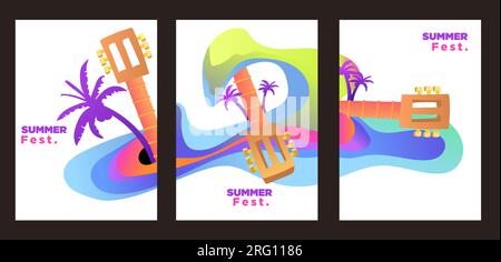 sea waves and guitar with coconut tropical island for summer music poster set. abstract style painting vector illustration Stock Vector