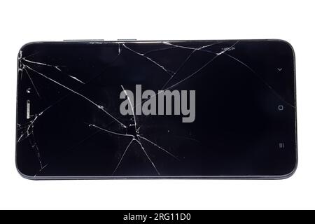 Close-up of a smartphone with a broken display, isolated on a white background Stock Photo