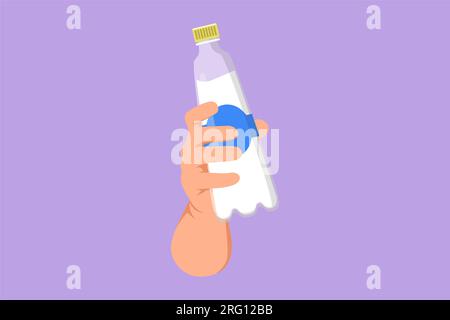 Cartoon flat style drawing people hand holding plastic bottle of pure drinking water refreshing. Human drinking water after run, sport and health care Stock Photo