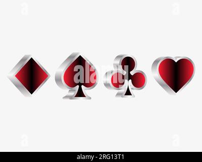 Card suits: diamonds, hearts, clubs, spades in 3d style isolated on white background. Isometric card suits in silver color with a red and black gradie Stock Vector