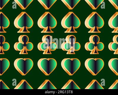 Seamless pattern with card suits: diamonds, hearts, clubs, spades in 3d style. Isometric card suits in gold color with green gradient. Design of print Stock Vector