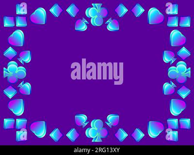 Frame with card suits: diamonds, hearts, clubs, spades in 3d style. Isometric symbol of card suits in blue gradient. Card game, casino. Design a templ Stock Vector