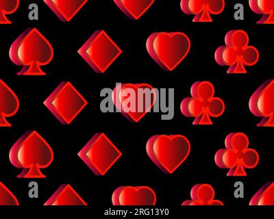 Seamless pattern with card suits: diamonds, hearts, clubs, spades in 3d style. Isometric card suits in red on a black background. Design of printing, Stock Vector