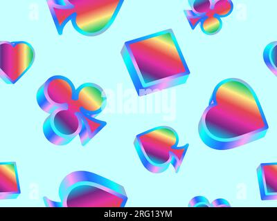 Seamless pattern with card suits: diamonds, hearts, clubs, spades in 3d style. Isometric card suits with rainbow gradient. Design of printing, adverti Stock Vector