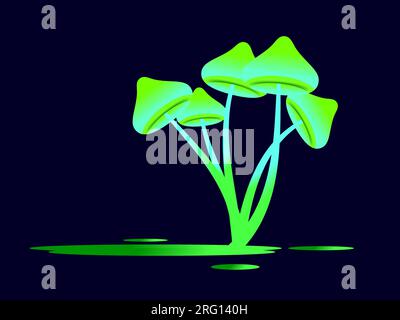 Green bioluminescent mushrooms with a puddle on a black background. Fluorescent luminous mushrooms on a long stem. Bioluminescent fungi glow. Design f Stock Vector