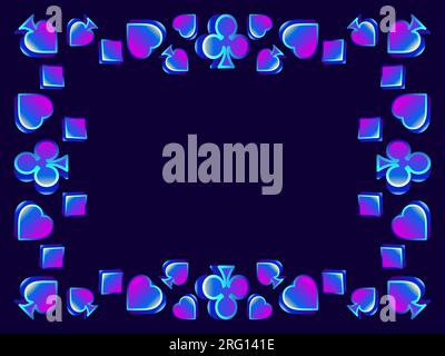 Frame with card suits: diamonds, hearts, clubs, spades in 3d style. Isometric symbol of card suits in blue gradient. Card game, casino. Design a templ Stock Vector