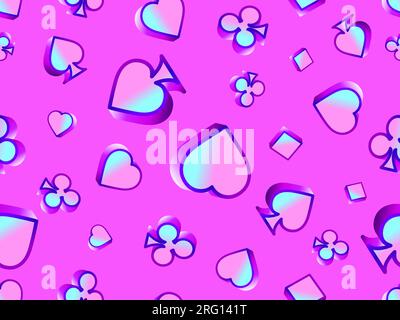 Seamless pattern with card suits: diamonds, hearts, clubs, spades in 3d style. Isometric symbols of card suits with a pink-blue gradient. Design of po Stock Vector