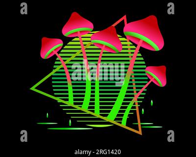 Retro sci-fi mushrooms from the 80s at sunset in a triangular frame. Mushrooms with flowing acid. Gradient mushrooms with a long stalk with a red cap. Stock Vector