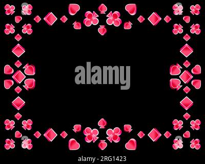 Frame with card suits: diamonds, hearts, clubs, spades in 3d style. Isometric symbols of card suits in red gradient. Card game, casino. Design a templ Stock Vector