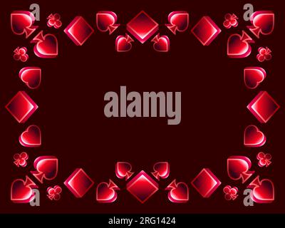Frame with card suits: diamonds, hearts, clubs, spades in 3d style. Isometric symbols of card suits in red gradient. Card game, casino. Design a templ Stock Vector