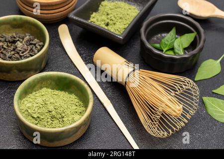 Japanese tools and bowls for brewing matcha tea, selective focus