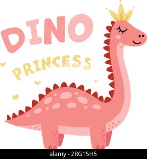 Dino princess character in crown, pink girl card template. Funny cute dinosaur, adorable cartoon animal graphic art, classy child vector print Stock Vector