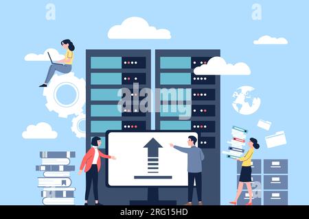 Data center cloud concept. Hardware servers, cyber storage engineers and programmers. Admin and managers work with computers, recent vector scene Stock Vector