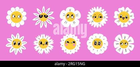 Cartoon daisy flowers with emoji. Smiling faces. Funny positive emotions. Decorative comic chamomiles. Blooming blossoms. Different petals shapes Stock Vector