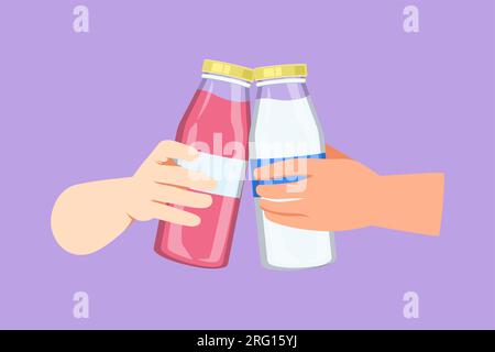 Graphic flat design drawing cheers and toast with fresh milk. Toast with two hand with bottle of dairy milk. Man and woman enjoying drink together. He Stock Photo