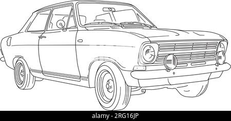 Vintage German 2-door Sedan classic car from 1972 line art vector illustration Stock Vector