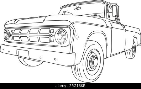 Vintage american pickup truck line art vector illustration, low angle view Stock Vector