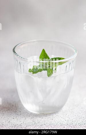 Glass of mineral water with ice cubes and fresh mint leaves against gray background Stock Photo
