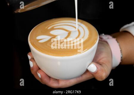 Unrecognizable female barista in apron pouring milk into cup with aromatic cappuccino with foam while preparing coffee in cafe Stock Photo
