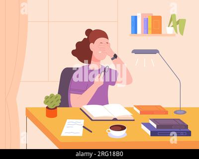 Tired reading. Bored or sad student girl with strain eyes after read books before university test or overwhelmed study work in office, adhd problems concept vector illustration of tired student Stock Vector