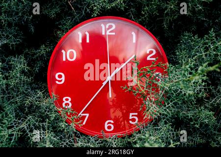 Closeup of big round red clock with white dials placed on green meadow during daytime Stock Photo