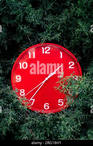 Closeup of big round red clock with white dials placed on green meadow during daytime Stock Photo