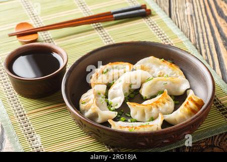 Jiaozi Gyoza vegetables dumplings with soy sauce closeup on the plate on the table. Horizontal Stock Photo