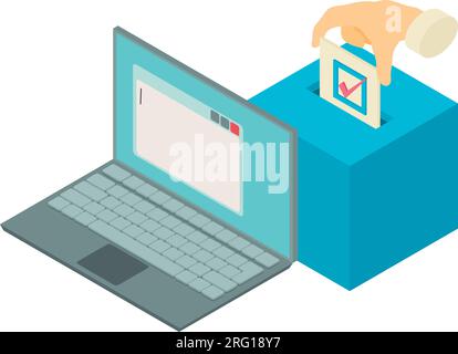 Voting icon isometric vector. Hand putting vote paper in ballot box near laptop. Online voting, election concept Stock Vector