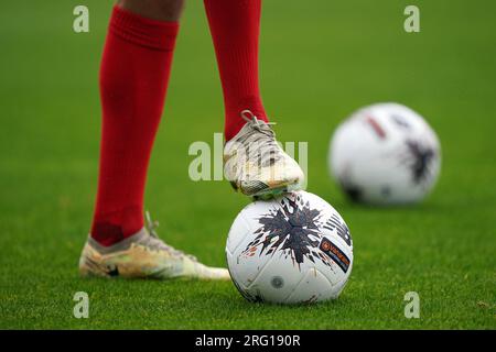 A New Balance football during the Vanarama National League match at Aggborough Stadium, Kidderminster. Picture date: Saturday August 5, 2023. Stock Photo