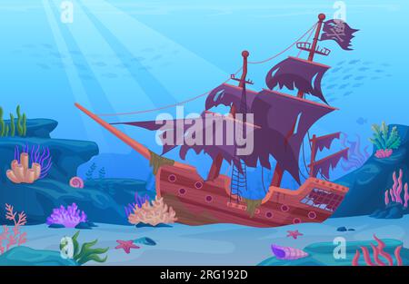 Sunken pirate ship. Abandoned vessel in ocean underwater landscape, sea shipwreck wrecked wooden boat on seabed reef wreck ships water backdrop, vector illustration of wreck abandoned in ocean Stock Vector