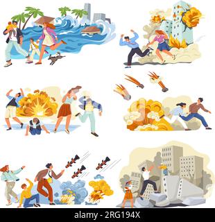 Frightened people escape. Terrified woman and man panic run from danger terror unsafe city explosion building, afraid couple or scream employee running, vector illustration of earthquake and asteroid Stock Vector