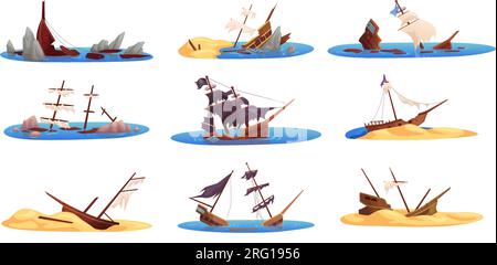 Broken ships. Shipwreck in caribbean sea, wrecks survival ship on island desert beach landscape, sinking brigantine or pirate battleship in underwater ingenious vector illustration of shipwreck broken Stock Vector