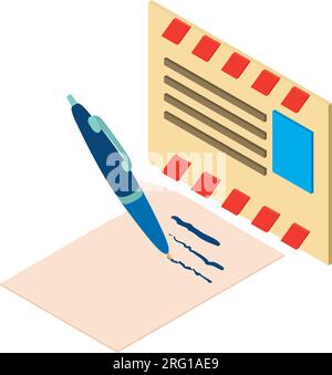 Paper mail icon isometric vector. Pen writing on paper sheet and closed envelope. Correspondence concept Stock Vector