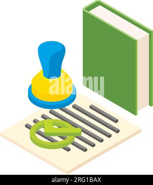 Confirmation icon isometric vector. Document with seal and green paper book icon. Financial technology, cryptocurrency concept Stock Vector