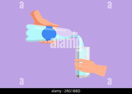 Character flat drawing stylized human hand holding plastic bottle of water, pouring water into glass. Cool mineral natural drink. Glass and bottle hol Stock Photo