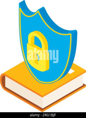 Crypto security icon isometric vector. Big shield with padlock on closed book. Digital money, cryptocurrency concept Stock Vector