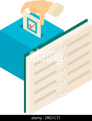 Voting icon isometric vector. Human hand putting vote paper in ballot box icon. Offline voting, election concept Stock Vector