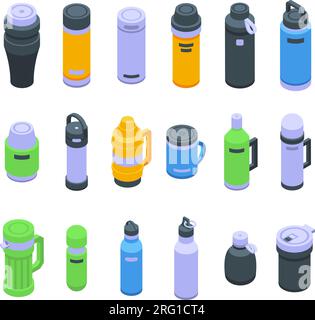 Thermos icons set isometric vector. Water steel. Thermo bottle Stock Vector