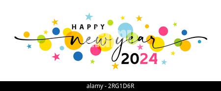 Happy new year 2024 greetings banner with swirl ribbons and star. Colorful design creative number 2024. Calendar title concept, isolated graphic icon Stock Vector