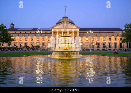 View of the Wiesbaden Kurhaus and Casino at Dusk, Germany Stock Photo