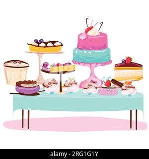 Birthday cake with candles and desserts on a table Stock Vector