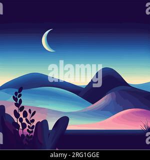 Illustration of night time landscape with mountains Stock Vector