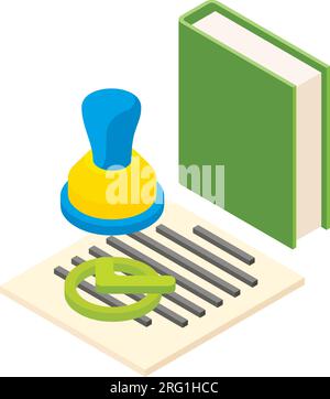 Confirmation icon isometric vector. Document with seal and green paper book icon. Financial technology, cryptocurrency concept Stock Vector