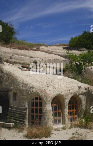 Noszvaj cave dwellings, artificial caves carved in soft rhyolite tuff, Noszvaj, near Eger, Hungary Stock Photo