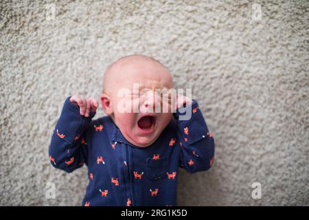 Overhead view of newborn baby screaming Stock Photo