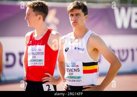 Jerusalem, Israel. 07th Aug, 2023. Belgian Mathis Lievens pictured at the start of the first round of the 3000m Men at the European Athletics U20 Championships, Monday 07 August 2023, in Jerusalem, Israel. The European championships take place from 07 to 10 August. BELGA PHOTO COEN SCHILDERMAN Credit: Belga News Agency/Alamy Live News Stock Photo