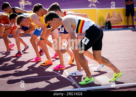 Jerusalem, Israel. 07th Aug, 2023. Belgian Mathis Lievens pictured in action during the first round of the 3000m Men at the European Athletics U20 Championships, Monday 07 August 2023, in Jerusalem, Israel. The European championships take place from 07 to 10 August. BELGA PHOTO COEN SCHILDERMAN Credit: Belga News Agency/Alamy Live News Stock Photo