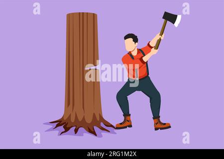 Graphic flat design drawing lumberjack with an ax chopping wood. Woodcutter chopping tree with axe. Wearing shirt, jeans and boots. Man with ax in his Stock Photo