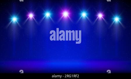 Stage, spotlight. Blue background, backdrop for displaying products. Glowing light spot on scene. Shining stage blue pink purple lights with ramp Stock Vector